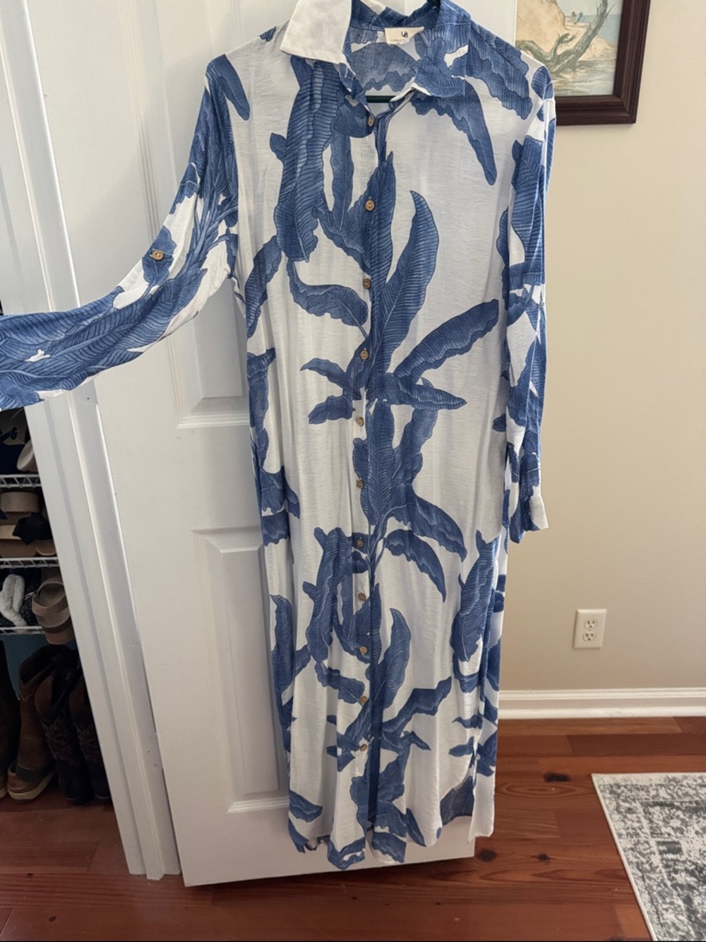 Blue Leaf Print Button-Down Maxi Shirt Dress